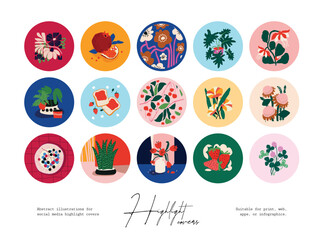 Set of hand drawn line art botanical illustrations for social media highlight covers	