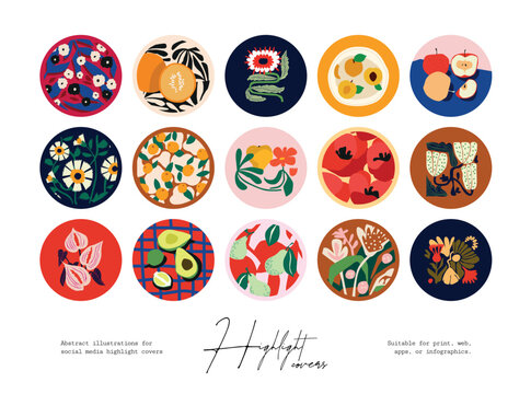 Set of hand drawn line art botanical illustrations for social media highlight covers	