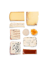 Cheese isolated. Top view. Transparent background. Roquefort, gorgonzola, mascarpone, goat cheese, sheep and cow. French products. 