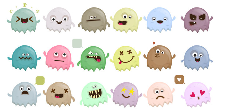 Naklejka Set of cute funny colorful ghosts isolated on white background. Ghost sticker collection with different colors and emotions. Vector Halloween design element and stickers set isolated