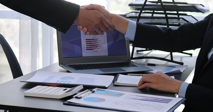 Business man offer and give hand for handshake in office. Successful job interview. Apply for loan in bank. Salesman, bank worker or lawyer shake for deal, agreement or sale. Increase of salary.	