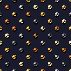 Seamless vector pattern polka dot with colorful metallic buttons on a dark blue background. Decorative print.