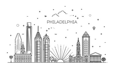 Philadelphia architecture line skyline illustration. Linear vector cityscape with famous landmarks