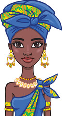 Animation portrait of the attractive African girl. The vector illustration isolated on a white background.