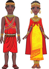 Animation portrait of the African family in ethnic clothes. Full growth. The vector illustration isolated on a white background.