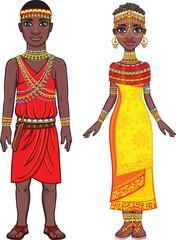 Animation portrait of a family of the African natives. Full growth. The vector illustration isolated on a white background.