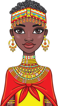 Animation portrait of the attractive African girl. The vector illustration isolated on a white background.