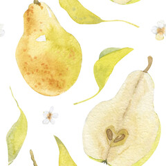 Watercolor seamless pattern with garden pear illustrations. Watercolor hand-draw with flowers, leaves and pear fruits background. Organic healthy food, backgrond for uou design and decor .