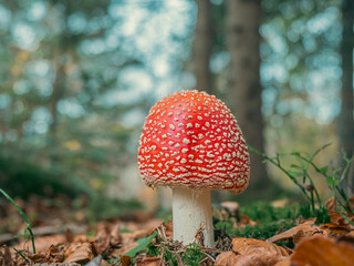 Mushrooms growing wild in an Autumn forest.