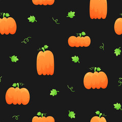 Seamless Autumn pattern with red, ginger, orange pumpkins with green leaves on black background. Vector illustration, print for packaging, fabrics, wallpapers, textiles.
