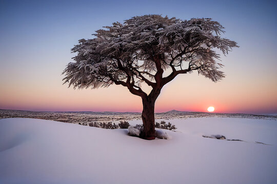 Winter landscape with an old and beautiful tree in the snow, sunset and golden hour. Illustration 3d.
