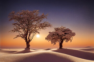 Fototapeta na wymiar Winter landscape with trees in the snow, sunset and golden hour. Illustration 3d