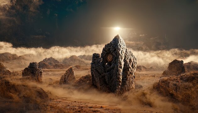 An ancient ruined city, stone ruins, arches, pillars, a magical portal to another world. Fantasy desert landscape with stone runes, mythology. 3D illustration