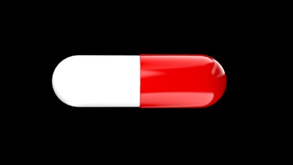 One pharmaceutical capsules on black isolated background reflecting off surface. Realistic 3D rendering of red and white medical capsules with glossy surface. Medical drugs, vitamins or antibiotics.