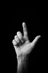 Hand demonstrating the Japanese sign language letter 'RE' or 'れ' with copy space