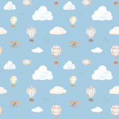 Watercolor seamless pattern with clouds and balloons for boy fabric, wallpaper, cards, blue background