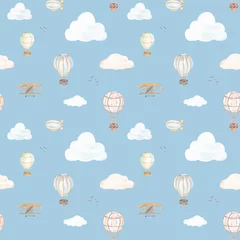 Papier Peint photo Lavable Montgolfière Watercolor seamless pattern with clouds and balloons for boy fabric, wallpaper, cards, blue background