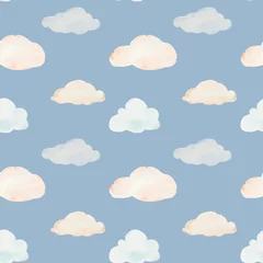 Fototapeten Seamless pattern with watercolor clouds for nursery print, wallpaper, fabric, textiel design for boy. blue background © Olga Batkilina