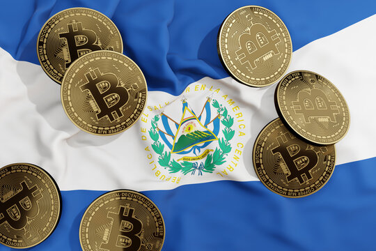Golden bitcoins on the national flag of El Salvador. Illustration of the concept of El Salvador became the first country in the world to use Bitcoin as legal tender and as a bitcoin hub