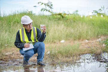 Environmental engineers inspect water quality,Bring water to the lab for testing,Check the mineral content in water and soil,Check for contaminants in water sources.