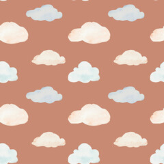 seamless pattern with watercolor blue and pink clouds on trend  terracotta color background for kids fabric, wallpaper, textile