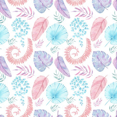 Seamless pattern with summer tropical leaves painted with watercolor for fabric, paper, packing, banner, cards, pillows design white background