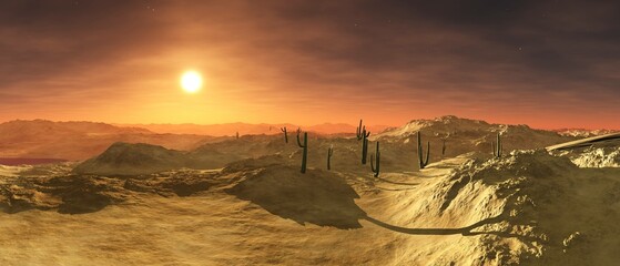Desert with cacti at sundown, 3d rendering