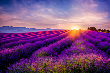 Sunset on a lavender plantation. Landscape evoking the south of Europe and the Mediterranean. Illustration 3d. - obrazy, fototapety, plakaty