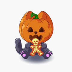 Scary cartoon kitten with a pumpkin on his head and a cookie with a skeleton in his hands. Halloween vector illustration isolated on white background. Suitable for postcards, t-shirts, mugs, etc.