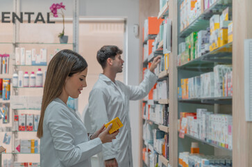 Farmacéutica y farmacéutico, colocando productos en la estantería de la farmacia.