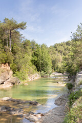 Fototapeta na wymiar Passage of a natural river of fresh water between rocks and nature. Natural view of a clear and green river without people that passes smoothly between the rocks surrounded by vegetation