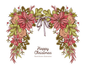 Christmas wreath in graphic style. Christmas decorations, poinsettia, wood, holly, fir branches, winter plants and bow. Botanical Illustration. Vector Hand Drawn. Sketch. Vintage Christmas