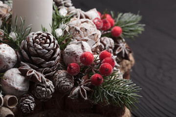 Homemade Christmas or Christmas decorations made of Christmas tree and cones.