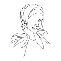 Woman in hijab line drawing.Hijab one line. Vector line drawing. One line art. Hijab Styles. Bandana. Muslim Fashion. Beach Hijab. Summer Outfit.