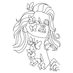 Woman face with butterfly. Line art female hands with butterflies. Abstract face with butterfly by one line vector drawing. Portrait minimalistic style. Botanical print. Nature symbol of cosmetics. 