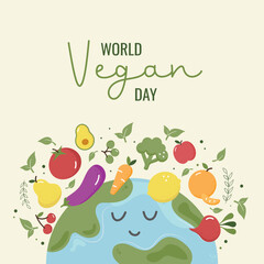 Vegetarian Day banner with Earth and fruit and vegetables around it. Vector
