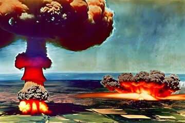 an old autochrome photograph of an atomic bomb explosion with mushroom cloud