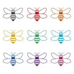 Beautiful funny cartoon bee icon isolated on white background. Set icons colorful