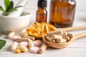 Alternative medicine herbal organic capsule drug with herbs leaf natural supplements for healthy...