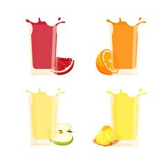 Set of natural juices in glass. Fresh squeezed apple, orange, pineapple and pomegranate juice with cut slices. Healthy organic food. Citrus fruit. Vector illustration.
