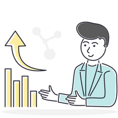 Vector illustration of a business person. Presentation of growth on the chart.
