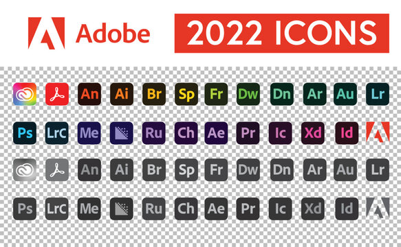 Adobe logotype icon set. Logo typeset collection. All Adobe programs 2022 logo download. Illustrator, Photoshop, After Effects, InDesign, Creative Cloud, Acrobat DC. Editorial Vector Illustration.