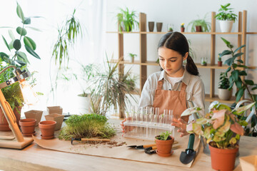 Preteen child in apron holding test tubes near plants and flowerpots at home.