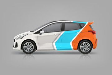 Fototapeta na wymiar Abstract branding graphics on Car mockup. Blue stripes branding background on corporate Car. Branding vehicle. Editable vector