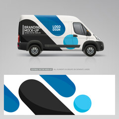 Van mockup with wrap branding design. Wrap, sticker and decal design for company. Abstract graphics on corporate vehicle. Editable vector © VRTX