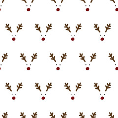 Seamless background with deer faces. Nose, horns and round eyes on white. Christmas or New Year pattern