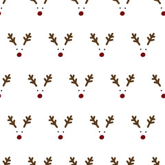 Seamless background with deer faces. Nose, horns and round eyes on white. Christmas or New Year pattern