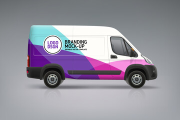Realistic vector Van mockup with brandiing wrap decal for livery design. Abstract graphics of btrendy colors wrap, sticker and decal design for company transport. Brand identity vehicle
 - obrazy, fototapety, plakaty