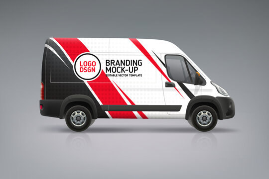 Corporate Van mockup with red stripes livery branding design. Abstract graphic of red and black stripes wrap, sticker and decal. Brandin decal vehicle. Delivery Van mock-up. Editable vector