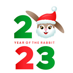 Merry Christmas and Happy New Year 2023 greeting card. Cute rabbit dressed as Santa. Xmas